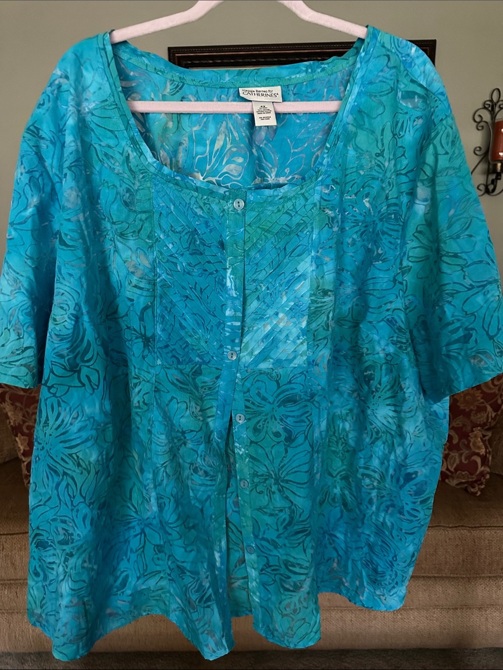 Susan Graver Teal/Turquoise Floral Button-Front Scoop Neck Top